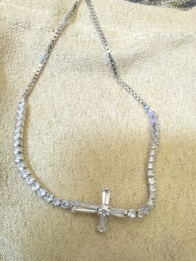 Silver Crystal Cross Necklace - Silver